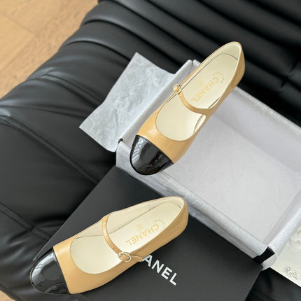 CC MARY JANE SHOES IN SEPIA BEIGE MIX BLACK LAMBSKIN WITH GOLD HARDWARE