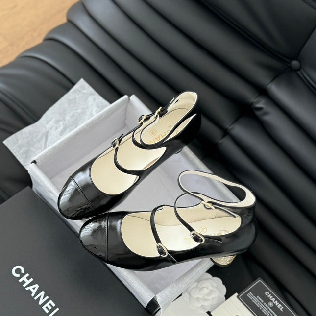 CC MARY JANE SHOES THREE STRAPS BLACK LAMBSKIN WITH GOLD HARDWARE