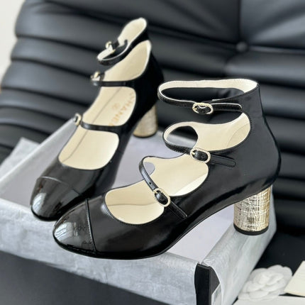 CC MARY JANE SHOES THREE STRAPS BLACK LAMBSKIN WITH GOLD HARDWARE