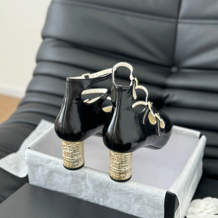 CC MARY JANE SHOES THREE STRAPS BLACK LAMBSKIN WITH GOLD HARDWARE