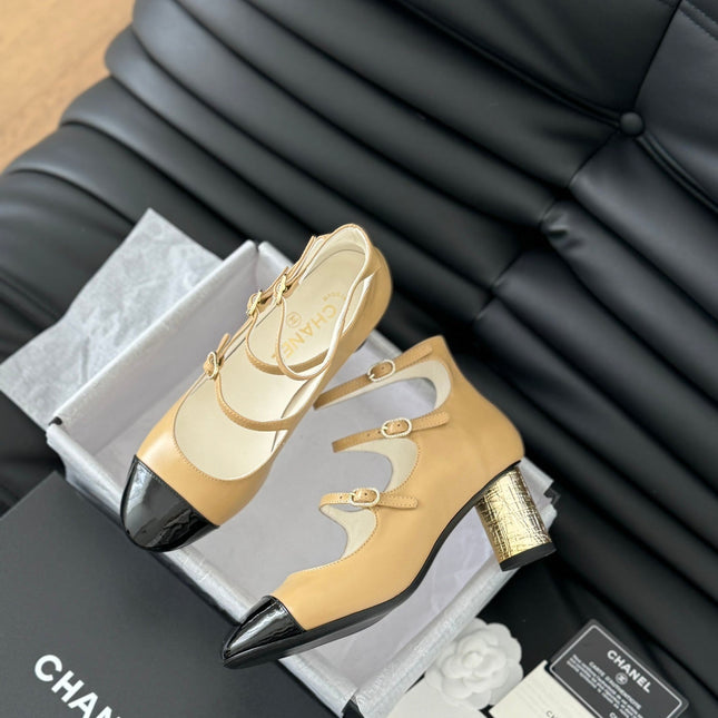 CC MARY JANE SHOES THREE STRAPS IN SEPIA BEIGE MIX BLACK LAMBSKIN