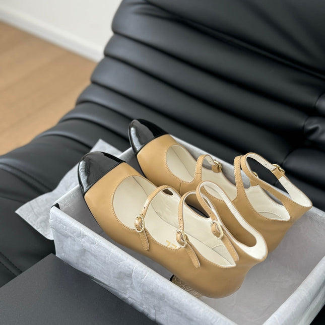 CC MARY JANE SHOES THREE STRAPS IN SEPIA BEIGE MIX BLACK LAMBSKIN