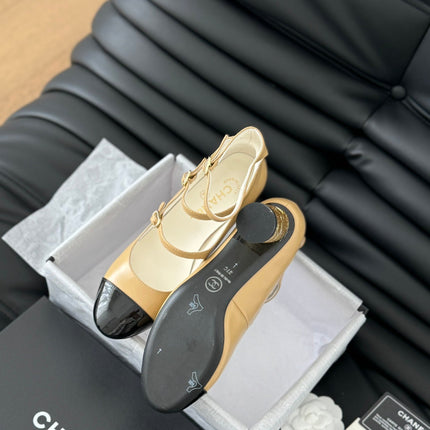 CC MARY JANE SHOES THREE STRAPS IN SEPIA BEIGE MIX BLACK LAMBSKIN