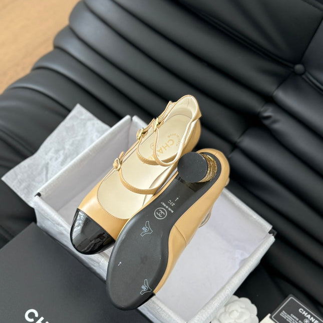 CC MARY JANE SHOES THREE STRAPS IN SEPIA BEIGE MIX BLACK LAMBSKIN