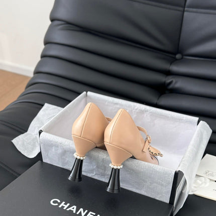 CC POINTED TOE HIGH HEELS IN SEPIA BEIGE MIX BLACK LAMBSKIN GOLD HARDWARE