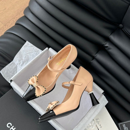 CC POINTED TOE HIGH HEELS IN SEPIA BEIGE MIX BLACK LAMBSKIN GOLD HARDWARE