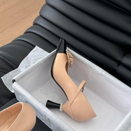 CC POINTED TOE HIGH HEELS IN SEPIA BEIGE MIX BLACK LAMBSKIN GOLD HARDWARE