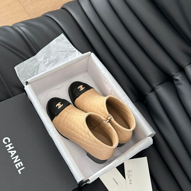 CC SHORT BOOTS 65 MM IN SEPIA BEIGE MIX BLACK QUILTED PATTERN LAMBSKIN