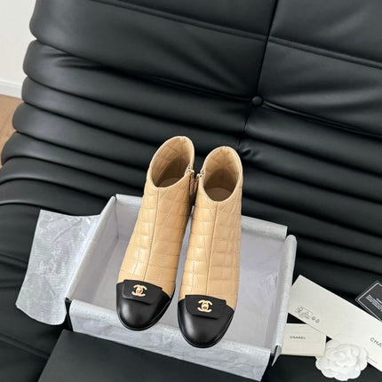 CC SHORT BOOTS 65 MM IN SEPIA BEIGE MIX BLACK QUILTED PATTERN LAMBSKIN