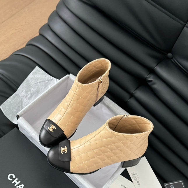 CC SHORT BOOTS 65 MM IN SEPIA BEIGE MIX BLACK QUILTED PATTERN LAMBSKIN