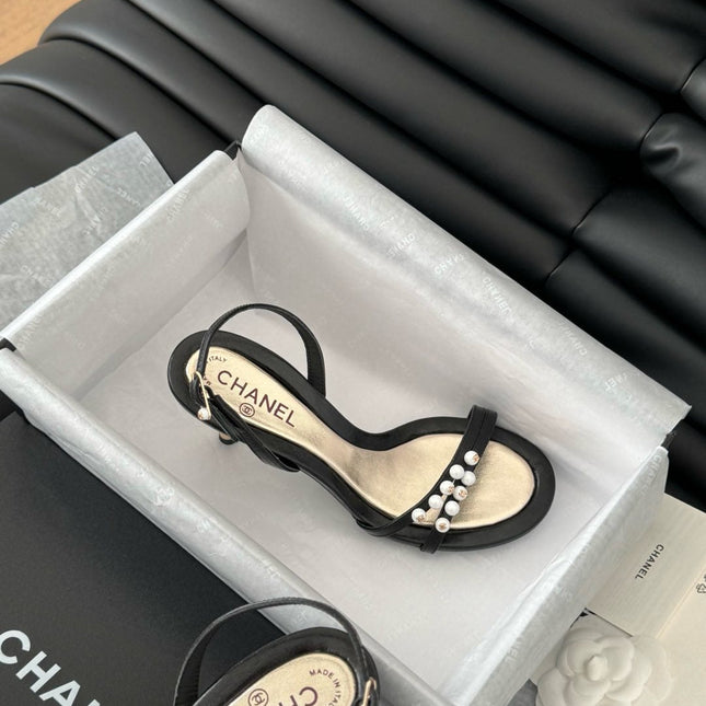 PEARL SANDAL IN BLACK AND GOLD LAMBSKIN 75 MM