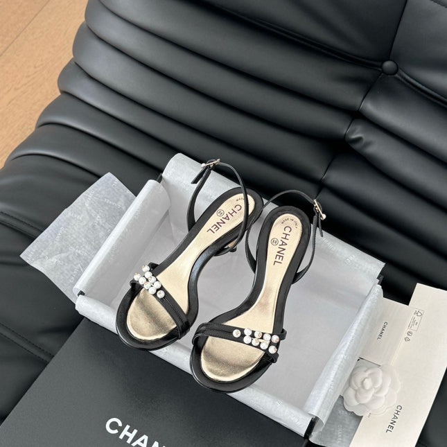 PEARL SANDAL IN BLACK AND GOLD LAMBSKIN 75 MM