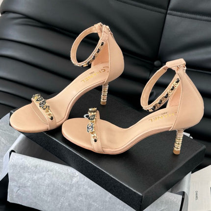 HIGH HEEL 7.5 MM SANDAL IN TAN BEIGE SHEEPSKIN WITH STICKERS