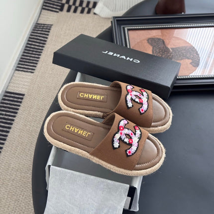 SLIPPERS IN BROWN LAMBSKIN MIX FABRIC AND STRAPS BASE