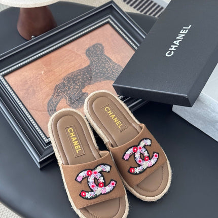 SLIPPERS IN BROWN LAMBSKIN MIX FABRIC AND STRAPS BASE