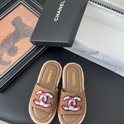 SLIPPERS IN BROWN LAMBSKIN MIX FABRIC AND STRAPS BASE