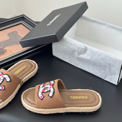 SLIPPERS IN BROWN LAMBSKIN MIX FABRIC AND STRAPS BASE