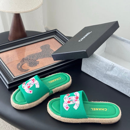 SLIPPERS IN GREEN SHEEPSKIN MIX FABRIC AND STRAPS BASE