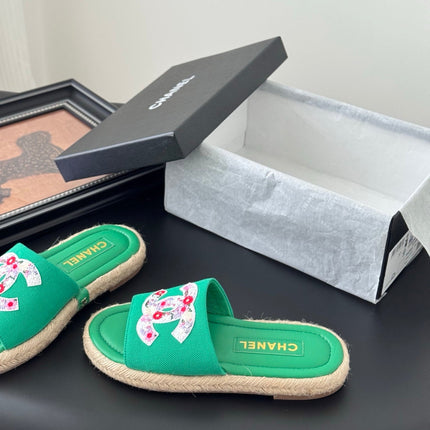 SLIPPERS IN GREEN SHEEPSKIN MIX FABRIC AND STRAPS BASE