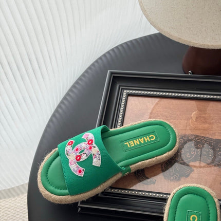 SLIPPERS IN GREEN SHEEPSKIN MIX FABRIC AND STRAPS BASE