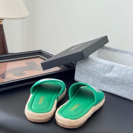 SLIPPERS IN GREEN SHEEPSKIN MIX FABRIC AND STRAPS BASE