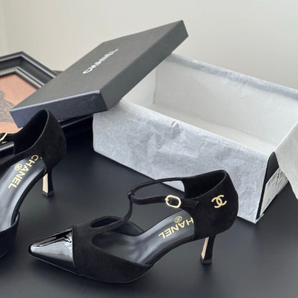 HIGH HEELS WAIST CUTTING IN BLACK SUEDUE MIX GLOSSY