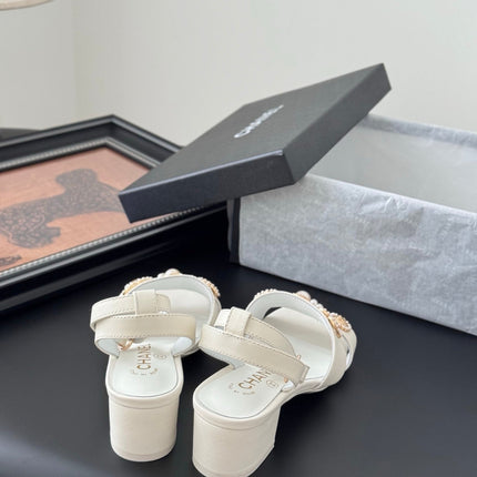 HIGH SANDALS IN WHITE TWEED WITH LOGO STICKER DETAIL