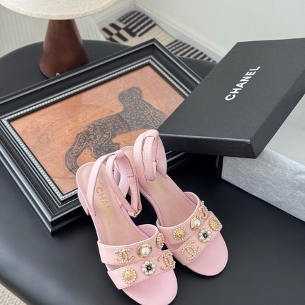 HIGH SANDALS IN PINK TWEED WITH LOGO STICKER DETAIL