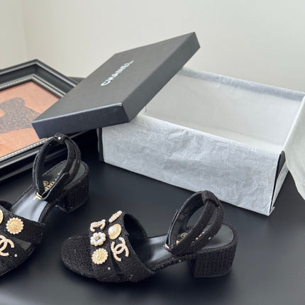 HIGH SANDALS IN BLACK TWEED WITH LOGO STICKER DETAIL