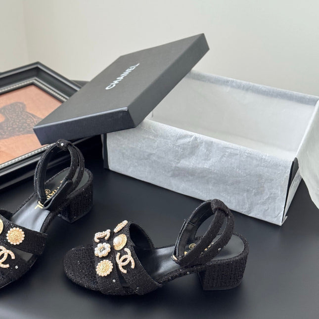 HIGH SANDALS IN BLACK TWEED WITH LOGO STICKER DETAIL