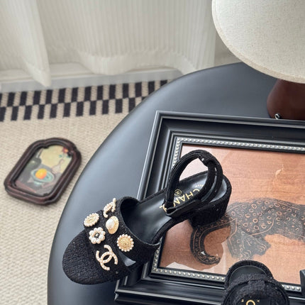 HIGH SANDALS IN BLACK TWEED WITH LOGO STICKER DETAIL