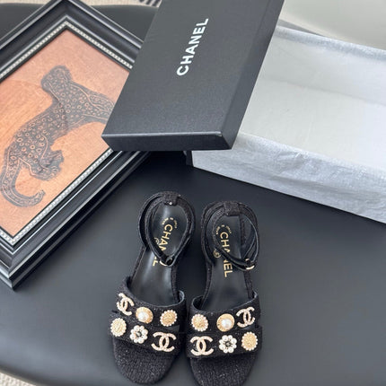 HIGH SANDALS IN BLACK TWEED WITH LOGO STICKER DETAIL