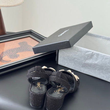 HIGH SANDALS IN BLACK TWEED WITH LOGO STICKER DETAIL