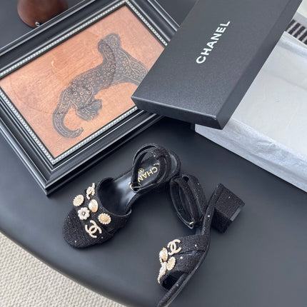 HIGH SANDALS IN BLACK TWEED WITH LOGO STICKER DETAIL