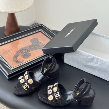 HIGH SANDALS IN BLACK TWEED WITH LOGO STICKER DETAIL