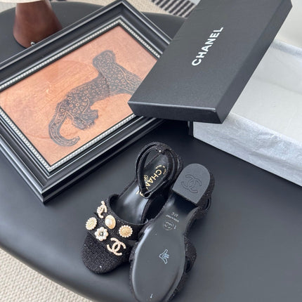 HIGH SANDALS IN BLACK TWEED WITH LOGO STICKER DETAIL