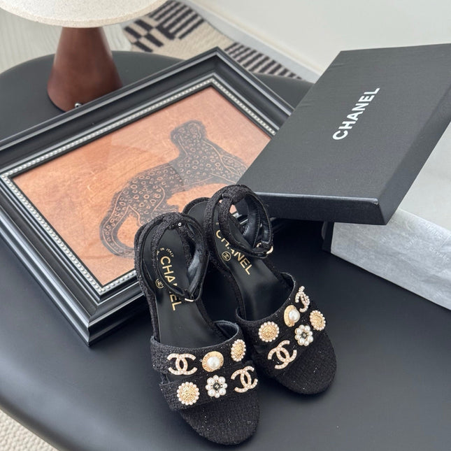 HIGH SANDALS IN BLACK TWEED WITH LOGO STICKER DETAIL