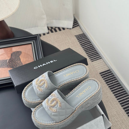 WEDGE HEELS IN BEAU BLUE CALFSKIN MIX CHAIN BASE