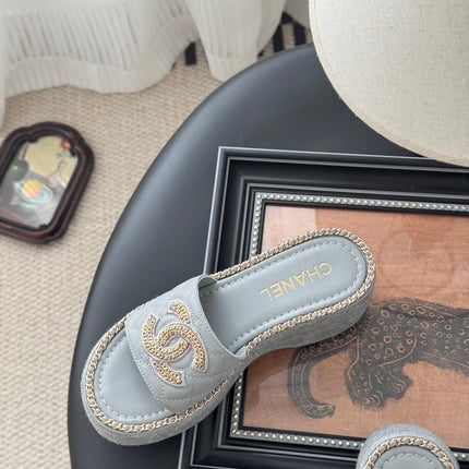 WEDGE HEELS IN BEAU BLUE CALFSKIN MIX CHAIN BASE