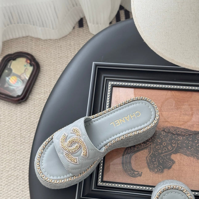 WEDGE HEELS IN BEAU BLUE CALFSKIN MIX CHAIN BASE