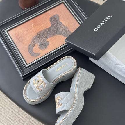 WEDGE HEELS IN BEAU BLUE CALFSKIN MIX CHAIN BASE