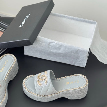 WEDGE HEELS IN BEAU BLUE CALFSKIN MIX CHAIN BASE