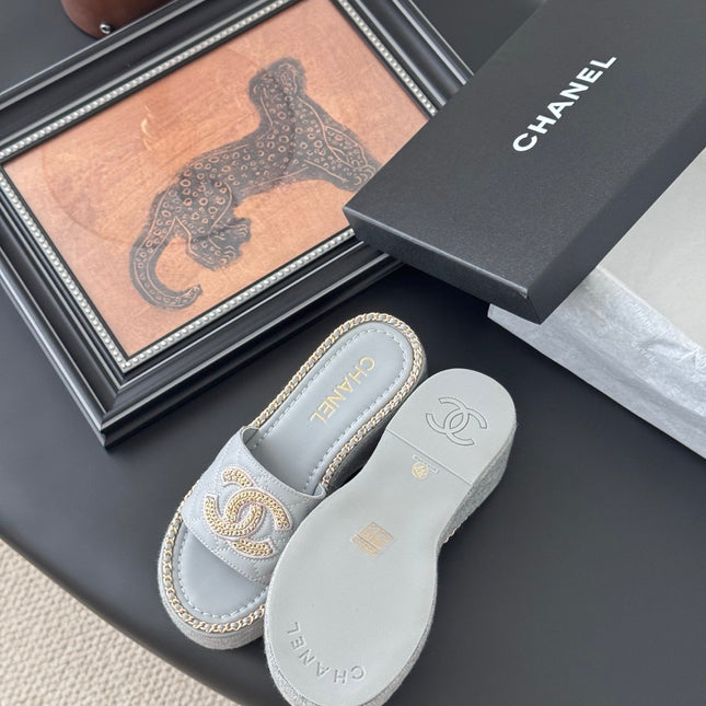 WEDGE HEELS IN BEAU BLUE CALFSKIN MIX CHAIN BASE