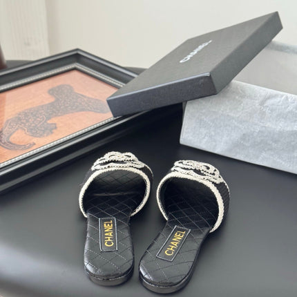 SLIPPER IN BLACK CALFSKIN MIX WOOL