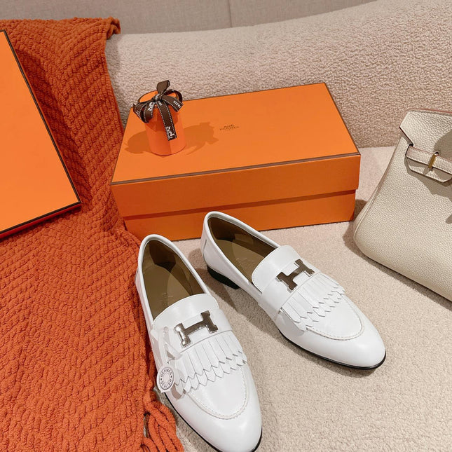 Destin Loafer White Goatskin with Fringe Detail