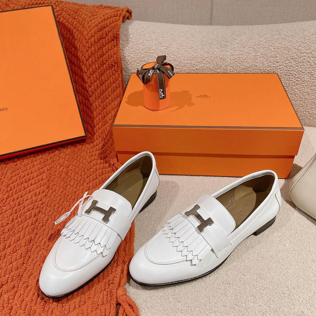 Destin Loafer White Goatskin with Fringe Detail