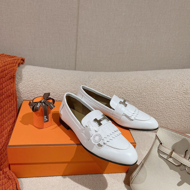 Destin Loafer White Goatskin with Fringe Detail