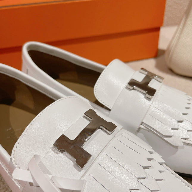 Destin Loafer White Goatskin with Fringe Detail