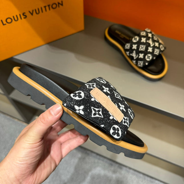 LV VELCRO SLIPPERS IN BLACK MIX WHITE MONOGRAM JACQUARD