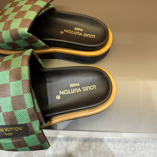 LV VELCRO SLIPPERS GREEN MIX BROWN DAMIER MONOGRAM CALFSKIN